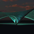 Modern Curved Canopy With Grid Structure Illuminated In Evening Cloudy Sky