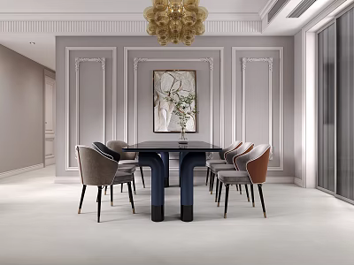 Elegant Modern Dining Room Interior With Golden Chandelier Gray Walls Decorative Painting And Colorful Chairs 3d model