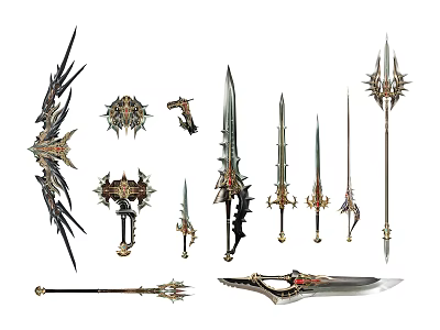 Ornate Weapons Collection Featuring Swords Spears And Decorative Parts With Intricate Craftsmanship 3d model