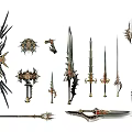 Ornate Weapons Collection Featuring Swords Spears And Decorative Parts With Intricate Craftsmanship