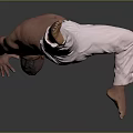 Man shirtless performing handstand in white pants with legs extended upward