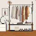 Modern Clothes Rack with Hanging Coats Shirts Marble Shelf and Shoes Handbag in Room