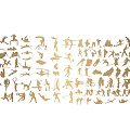 Golden Silhouettes of Various Human Actions Animals and Objects Arranged on White Background
