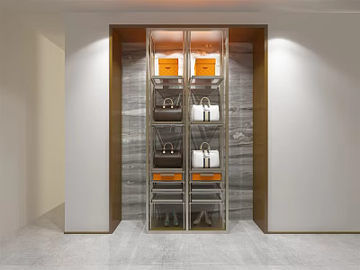 Illuminated Modern Glass Door Display Cabinet With Luxury Handbags And Marble Wall 3d model