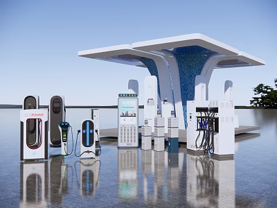 Modern Exhibition Hall Featuring Electric Vehicle Charging Piles And Modern Canopy Design 3d model