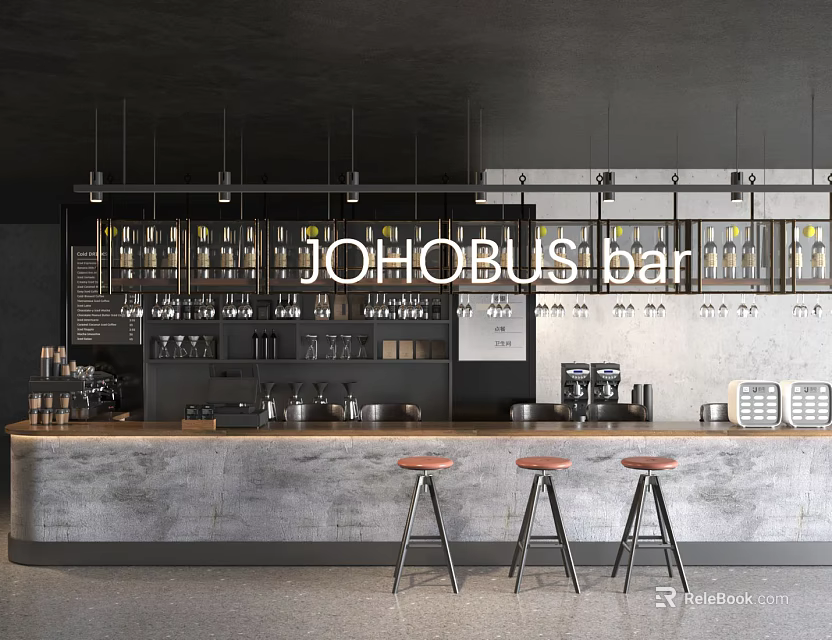 Contemporary Café Interior With Hanging Lights Bar Counter Red Stools Coffee Machines And Bottles 3d model 