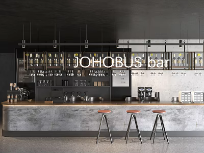 Contemporary Café Interior With Hanging Lights Bar Counter Red Stools Coffee Machines And Bottles 3d model