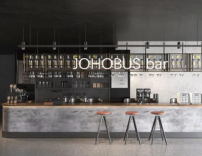 Contemporary Café Interior With Hanging Lights Bar Counter Red Stools Coffee Machines And Bottles 3d model