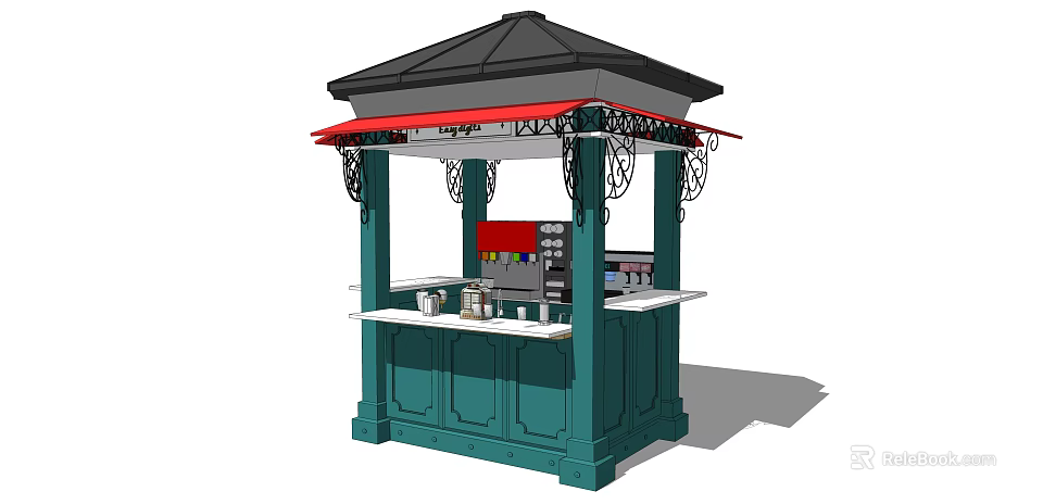 Outdoor Green Kiosk with Black Roof Red Awning and Drink Counter 3d model 