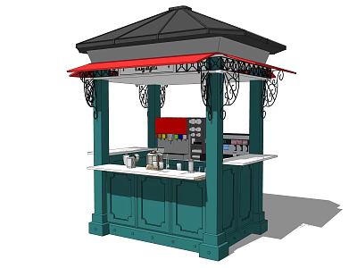 Outdoor Green Kiosk with Black Roof Red Awning and Drink Counter 3d model