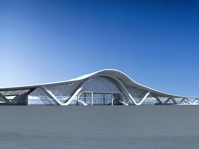 Modern Architectural Building With Curved Roof Glass Facade And Sleek Design Elements 3d model