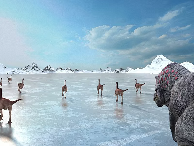 Group of Dinosaurs Walking on Icy Field with Snowy Mountains and Cloudy Sky 3d model