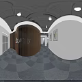 Modern Office Corridor With Glass Partitions Tables Chairs Carpet And Wall Paintings