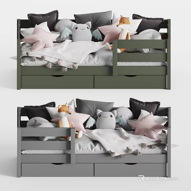 Cozy Kids Bed With Green Gray Design Storage Drawers And Stuffed Toys 3d model 