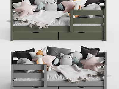 Cozy Kids Bed With Green Gray Design Storage Drawers And Stuffed Toys 3d model