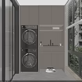 Modern Light Colored Balcony Cabinet with Stacked Washing Machines Countertop Window and Natural Light