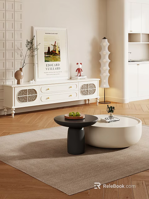 Modern Living Room With White TV Stand Coffee Tables And Decorative Elements 3d model 