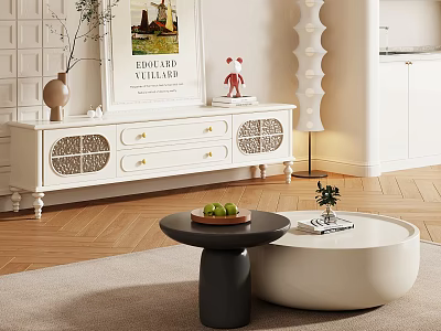 Modern Living Room With White TV Stand Coffee Tables And Decorative Elements 3d model