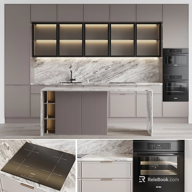 Elegant Modern Kitchen Interior With Marble Island Countertop And Stylish Cabinets 3d model 