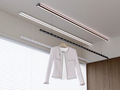 Clothing Hanger With White Coat Hanging By Window Blinds And Ceiling Lights On Wooden Wall 3d model