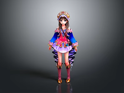 Traditional Female Costume With Decorative Headdress Blue Pink Robe And Boots 3d model