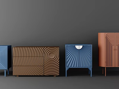 Modern Sideboard Collection With Blue Brown Orange Designs And Wavy Striped Patterns 3d model