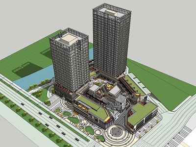 Modern Commercial Complex Featuring Twin Towers Green Landscaping Water Features And Plaza 3d model