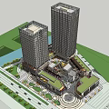 Modern Commercial Complex Featuring Twin Towers Green Landscaping Water Features And Plaza