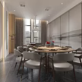 Modern Private Room Interior Design With Dining Table Sofa Chairs Pendant Lighting And Gray Floor 3d model