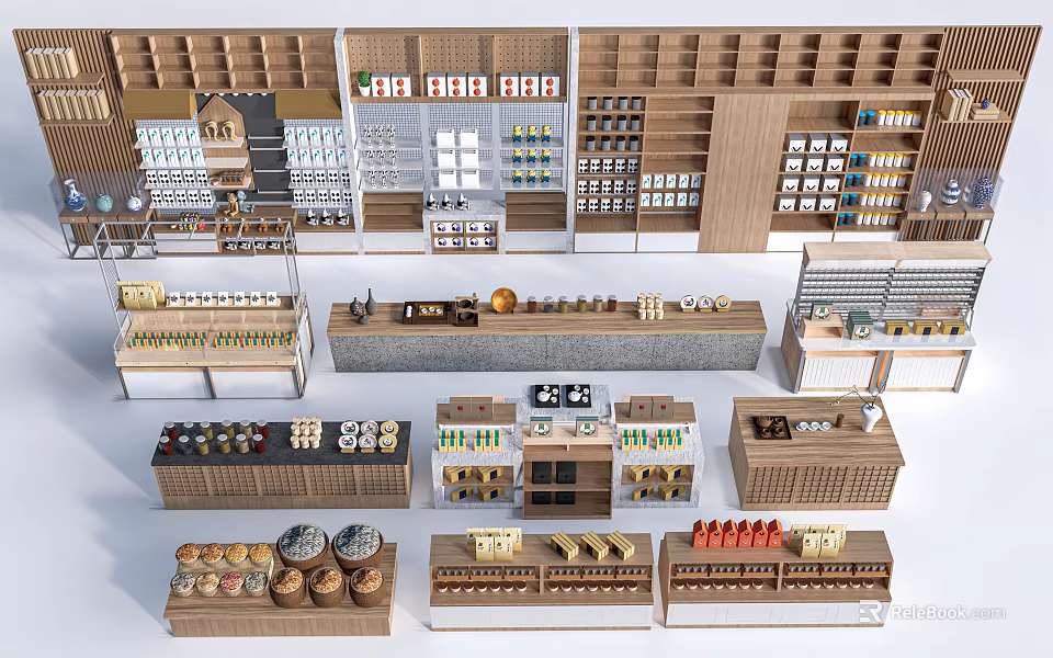 Wooden Display Shelves For Retail Store With Modern Design And Multiple Layers Display Various Products 3d model 