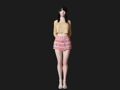 A Woman Wearing Yellow Long Sleeved Top And Red Plaid Pleated Skirt With White Shoes 3d model