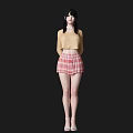 A Woman Wearing Yellow Long Sleeved Top And Red Plaid Pleated Skirt With White Shoes