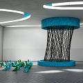 Indoor Art Installation Featuring Blue Circular Structure Black Woven Lines Colorful Chairs And Wall Decorations