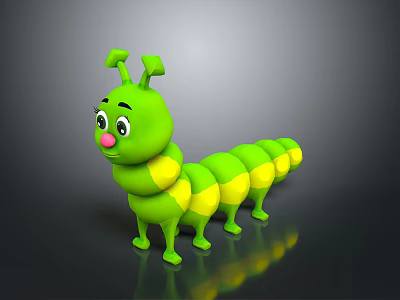 Green Caterpillar Game Movie Character In Cartoon Style With Yellow Stripes And Friendly Face 3d model