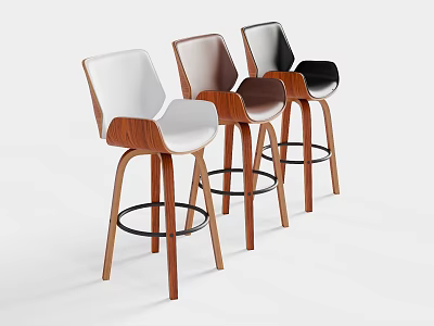 Modern Wooden Bar Stools with Different Color Seats and Metal Ring Footrest Design 3d model