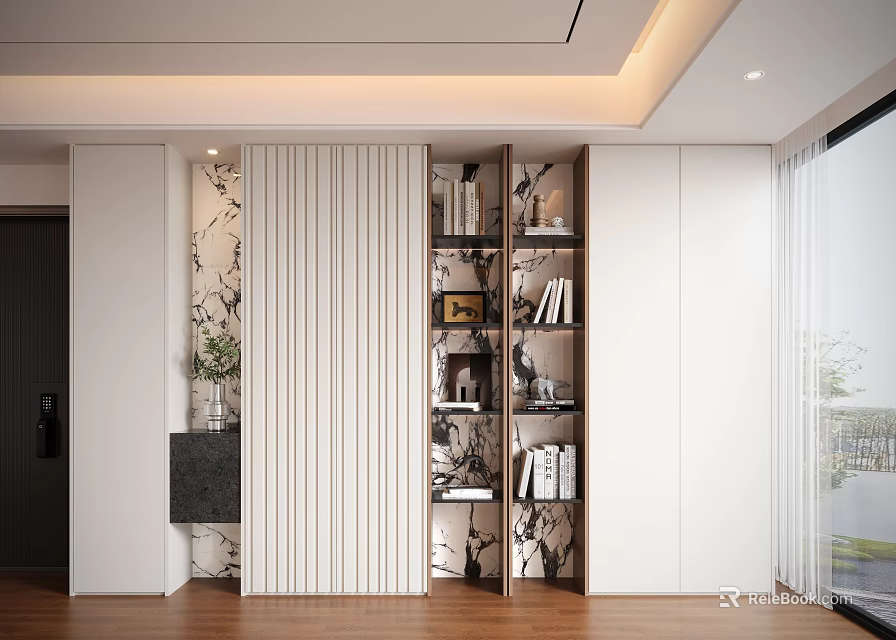 Modern Interior Decorative Cabinet With Slatted Panel Patterned Wall And Wooden Shelves 3d model 