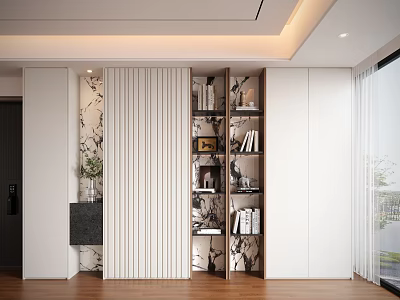 Modern Interior Decorative Cabinet With Slatted Panel Patterned Wall And Wooden Shelves 3d model