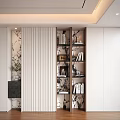 Modern Interior Decorative Cabinet With Slatted Panel Patterned Wall And Wooden Shelves