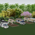 Scenic Campsite With RVs Tents Green Grass And Trees Under Blue Sky