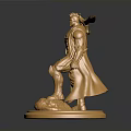 Golden Warrior Statue Holding Axe and Spear with Cloak on Round Base