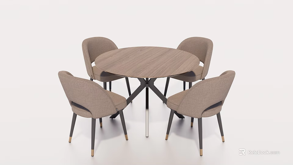 Modern Round Dining Table Set With Four Light Brown Chairs And Black Legs 3d model