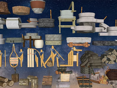 Rural Landscape With Traditional Stone Mill Clay Pots Wooden Frames And Firewood 3d model