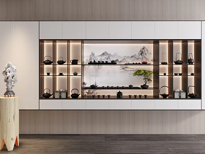 Modern Tea Set Display In Wooden Cabinet With Landscape Painting And Green Plant Lighting 3d model