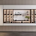 Modern Tea Set Display In Wooden Cabinet With Landscape Painting And Green Plant Lighting