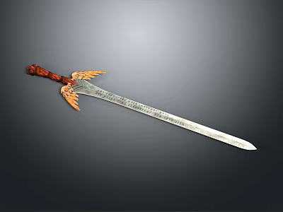 Ornate Sword With Red Handle Golden Wings Decoration And Engraved Blade 3d model