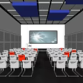 Modern Conference Room With White And Red Chairs Large Screen And Blue Ceiling Panels