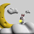 White Rabbit Holding Yellow Star On White Clouds With Yellow Crescent Moon