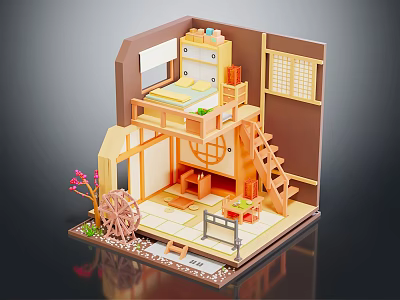 Cartoon Scene of Cute Loft Room with Wooden Floor Staircase Shoji Screen and Water Wheel 3d model