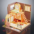 Cartoon Scene of Cute Loft Room with Wooden Floor Staircase Shoji Screen and Water Wheel