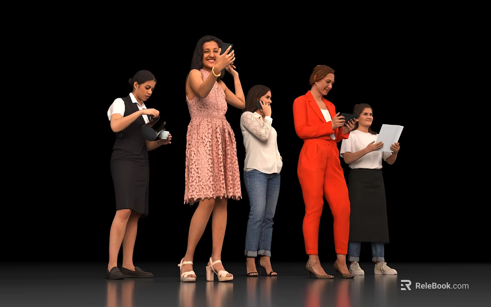 Group of Women in Different Outfits Waving Holding Items and Talking Together 3d model 